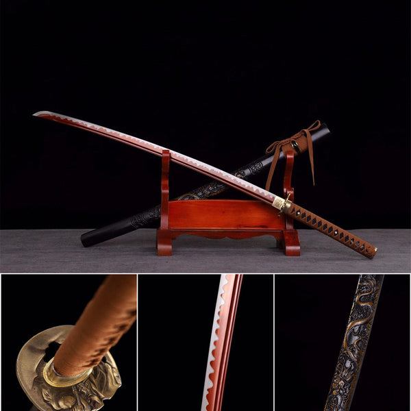 Handmade Spring Steel Full Tang Real Japanese Katana With Embossed Dragon Sheath