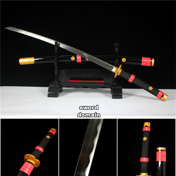 One Piece Roronoa Zoro Katana Handmade High Carbon Steel Anime Katana With Wood Sheath Alloy Flower Shape Black