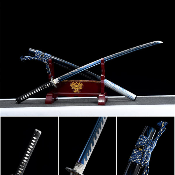 Handmade Spring Steel Full Tang Real Japanese Katana With Blue Wave Style