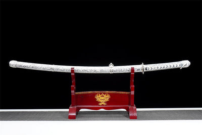 Handmade High Carbon Steel Full Tang Real Japanese Katana With Silver Sculpted Leather Sheath