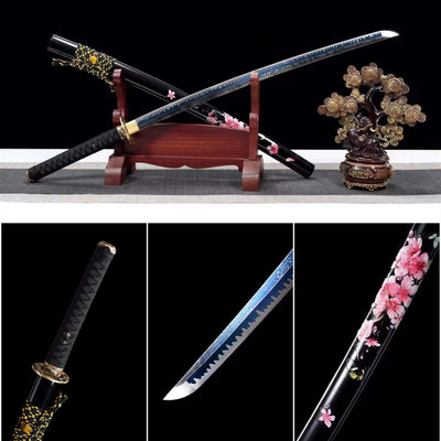 Handmade High Carbon Steel Full Tang Real Japanese Katana With Pink Cherry Black Sheath