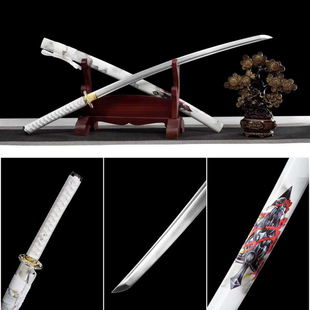 Handmade High Carbon Steel Full Tang Real Japanese Katana With White P ...