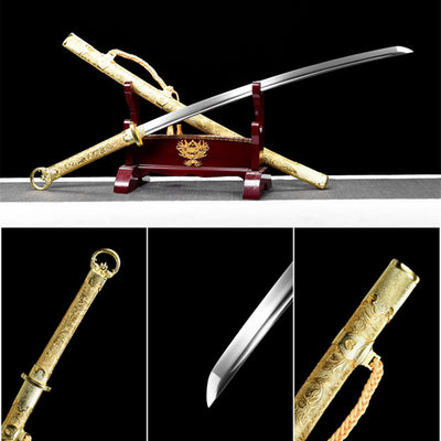 Handmade High Carbon Steel Full Tang Real Japanese Katana With Golden Phoenix Leather Sheath